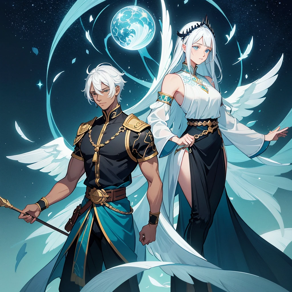 Male deity with black skin and white hair, medium hair, short bangs. Bright sky blue eyes. Green branches with elongated leaves.Black high-neck blouse, sleeveless, Dark blue tunic with green sparkles resembling a starry night sky, waist belt with bag. a large pair of wings. mystical atmosphere, delicate brushwork, magical scenery, Peaceful and serene. detailed clothing. nature background (best qualityer, high resolution, ultra detali).