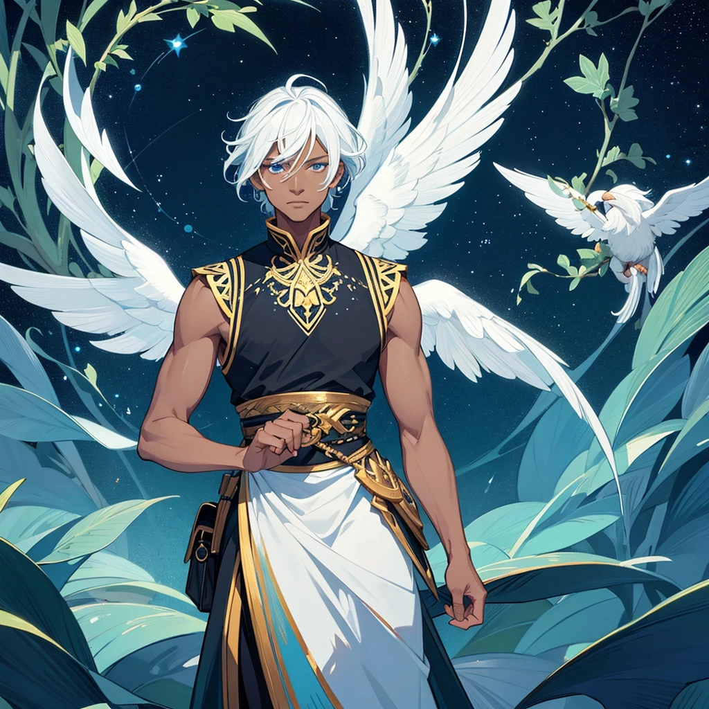 Male deity with black skin and white hair, medium hair, short bangs. Bright sky blue eyes. Green branches with elongated leaves.Black high-neck blouse, sleeveless, Dark blue tunic with green sparkles resembling a starry night sky, waist belt with bag. a large pair of wings. mystical atmosphere, delicate brushwork, magical scenery, Peaceful and serene. detailed clothing. nature background (best qualityer, high resolution, ultra detali).