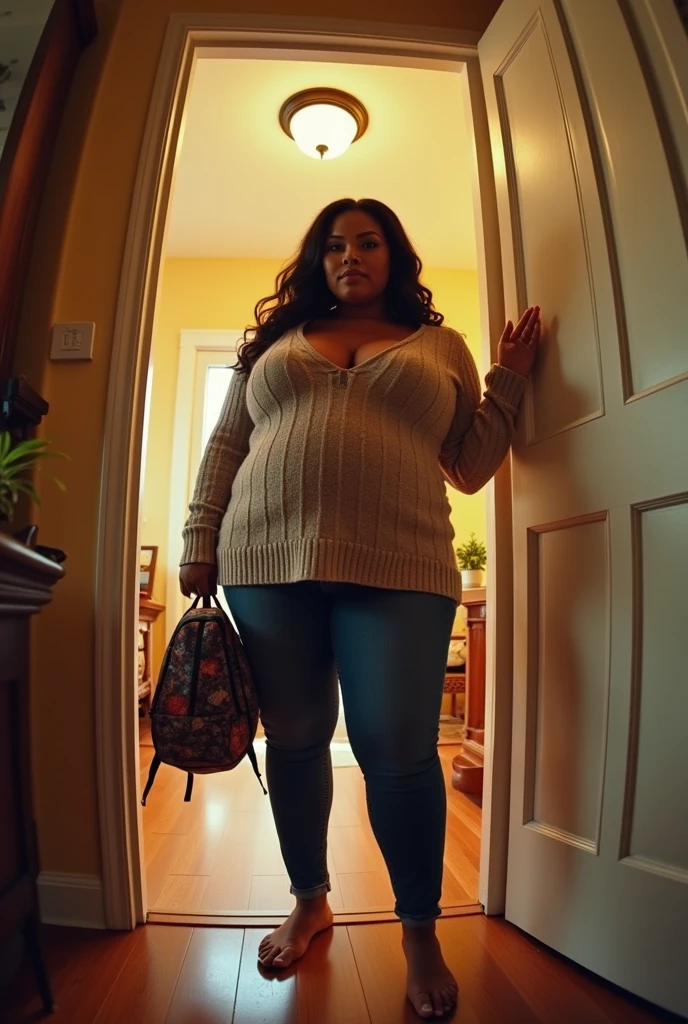 Your POV view of your pregnant plus size stepmother Cardi B welcoming you home from school and opening the door for you to come in.. fisheye camera view, iphone camera style. HD, realface, cinematic,
