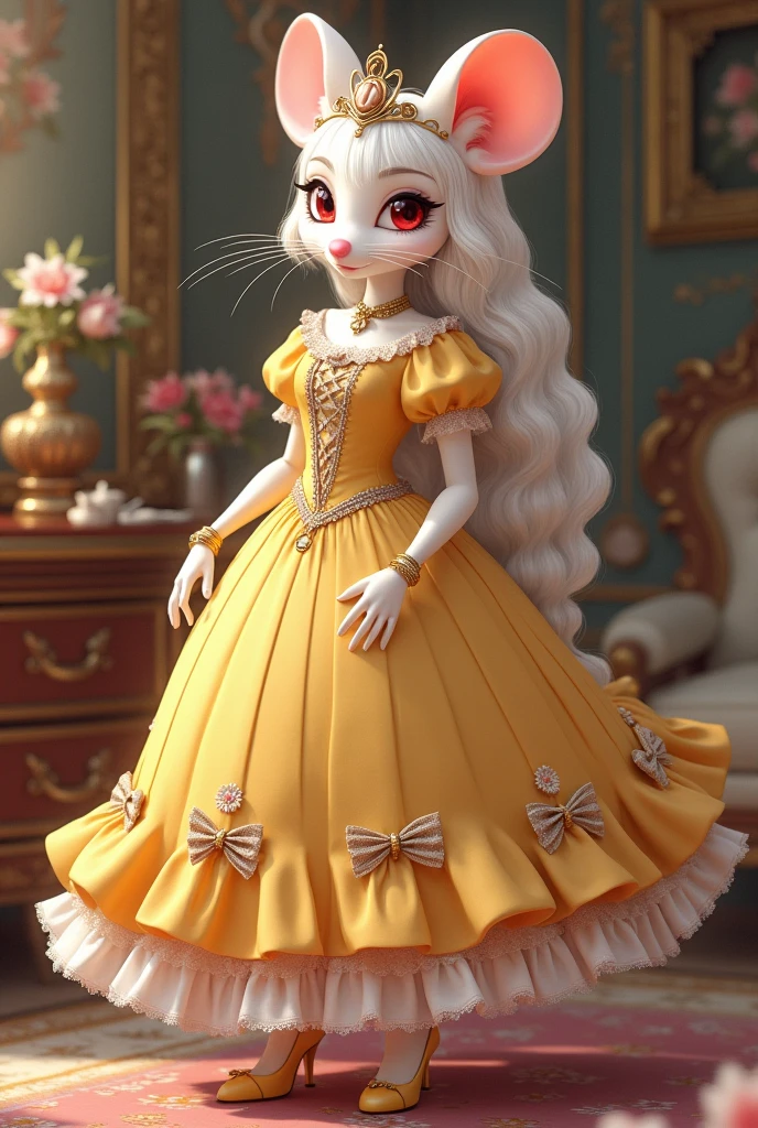 (best quality,4k,8k,highres,masterpiece:1.2), ultra-detailed, Pretty anthropomorphic mouse girl has a princess, drawn in 2D anime style, steampunk, wearing a yellow princess gown with puffy sleeves, steampunk, gorgeous frilly dress design,flowing gown,elaborate lace details,rich textures,contrast stitching,delicate ribbon bows, fish scales pattern accents, flowers embroidery, full skirt,short sleeves,fitted waistline,flared cuffs,lace-up back,luxurious fabrics,flawless silhouette, long curly white hair and red eyes, white fur, smiling, mouse ears and tail, ribboned high heels, white elbow evening gloves, gold bracelets, tiara made of seashells, beautifully detailed lips with lipstick, long eyelashes, eyeshadow, seashell necklace, in a castle bedroom with intricate decoration and luxurious furniture, flower wallpaper, she is happily checking her new princess dress.