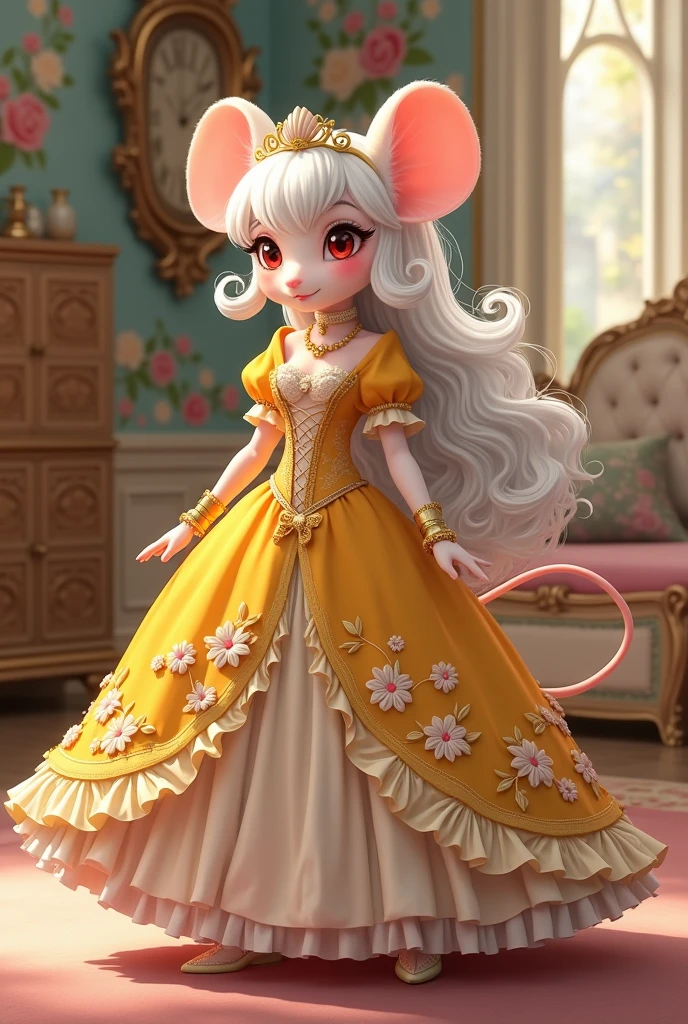 (best quality,4k,8k,highres,masterpiece:1.2), ultra-detailed, Pretty anthropomorphic mouse girl has a princess, drawn in 2D anime style, steampunk, wearing a yellow princess gown with puffy sleeves, steampunk, gorgeous frilly dress design,flowing gown,elaborate lace details,rich textures,contrast stitching,delicate ribbon bows, fish scales pattern accents, flowers embroidery, full skirt,short sleeves,fitted waistline,flared cuffs,lace-up back,luxurious fabrics,flawless silhouette, long curly white hair and red eyes, white fur, smiling, mouse ears and tail, ribboned high heels, white elbow evening gloves, gold bracelets, tiara made of seashells, beautifully detailed lips with lipstick, long eyelashes, eyeshadow, seashell necklace, in a castle bedroom with intricate decoration and luxurious furniture, flower wallpaper, she is happily checking her new princess dress.
