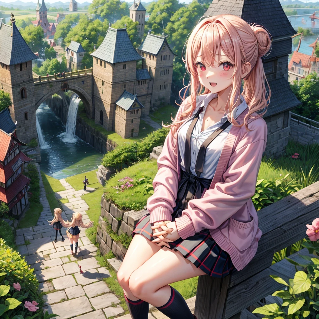 Pink Blonde、Red eyes、Wavy Hair、Hair tied up、Two cute、Checked mini skirt、black t-shirts、cardigan、Knee-high socks、Teeth are visible、Monster Castle、Tilting face、windmill、grass、Stones are growing out of the ground.、Holding hands with a teddy bear、In front of the city gates、Underground tunnels、Waterway、Wooden bridge、The stone is cracked、Ashura Statue