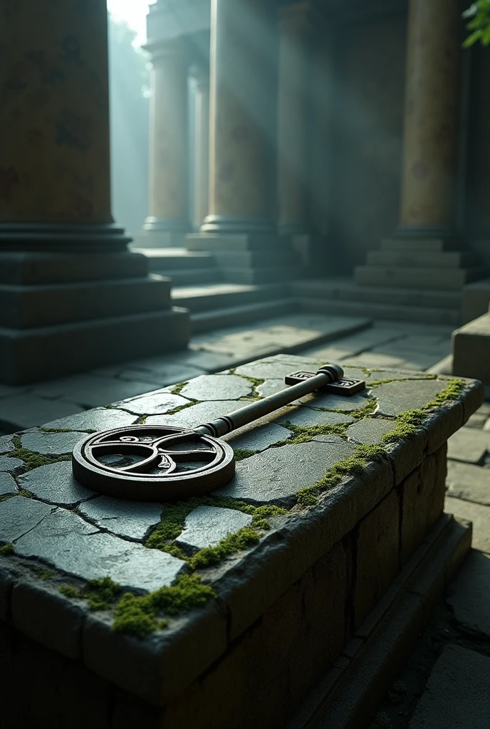 An ancient key which was under stone tablet in a temple.