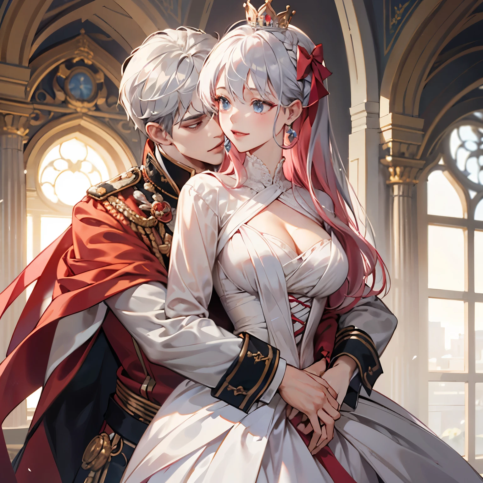 hair ribbon, hair bow, crown, White Dresses, elegant, Princess with long straight pink hair and big breasts, A tall prince with short silver hair, very handsome, wearing a red royal costume, looking mischievous, hugging from behind.