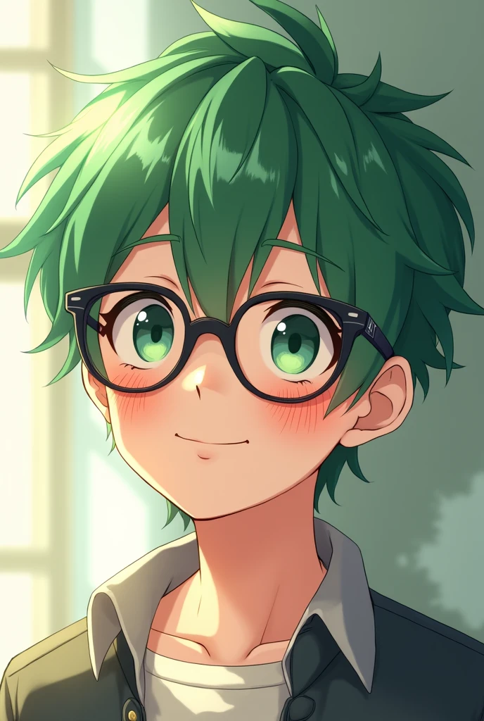 Cute young man with green hair and black-rimmed glasses, anime