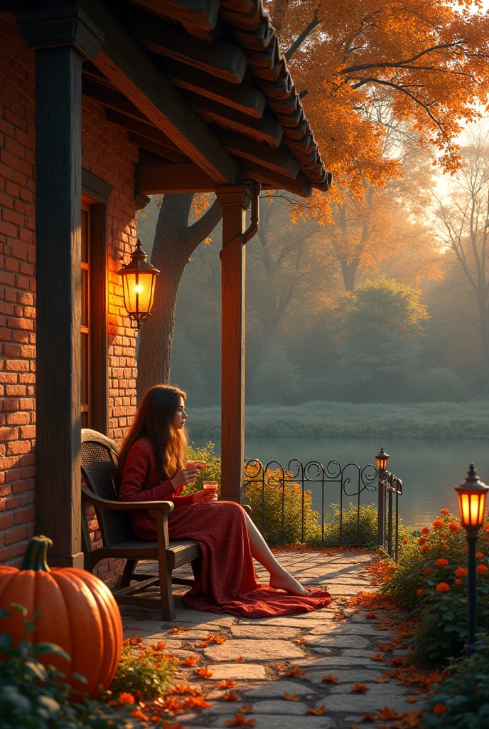 🍁🍂 Early Autumn. twilight. lantern. House made of orange clay and red brick. Large ripe pumpkin. River bank. Old Oak. porch, Cozy patio, Comfortable living, Beautiful woman sitting in a chair drinking tea, Very long hair,Outdoor Garden Furniture, Low wrought iron fence. Clemens Moritz Longius in the Karl style