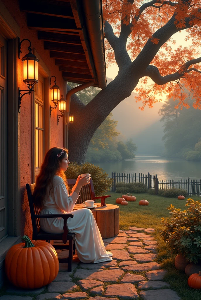 🍁🍂 Early Autumn. twilight. lantern. House made of orange clay and red brick. Large ripe pumpkin. River bank. Old Oak. porch, Cozy patio, Comfortable living, Beautiful woman sitting in a chair drinking tea, Very long hair,Outdoor Garden Furniture, Low wrought iron fence. Clemens Moritz Longius in the Karl style