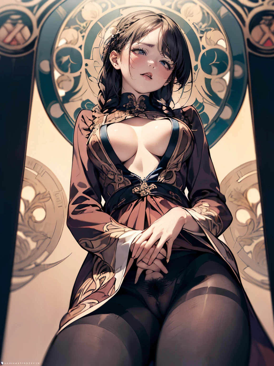 (((round face))), drooping eyes, shame, a young housewife, (focus on her mouth, ecstasy face, lewd girl, casual clothes, unbuttoned-shirt, dark pantyhose and pubic hair), (((masturbating while she is touching her body by herself, tongue))), braid, (((art nouveau))), angle from below,