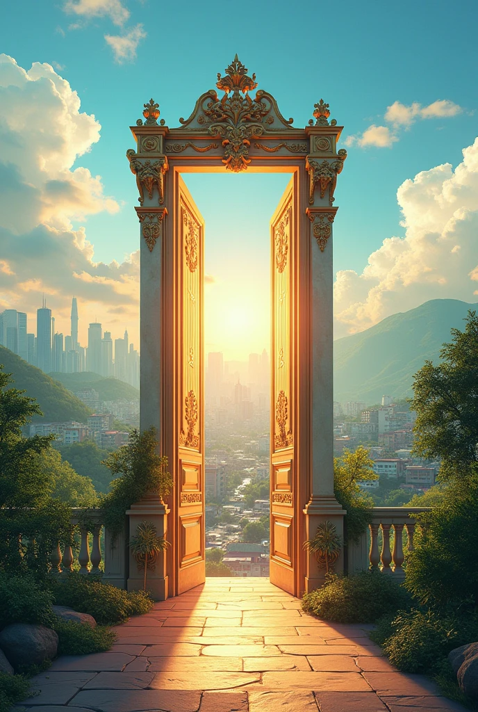 A cityscape with a door opening to a brighter future