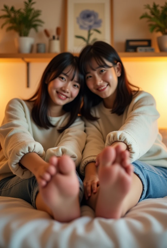 Identical twin sisters、Japanese、young woman'foot、My Room、Stretch your legs、Selfie