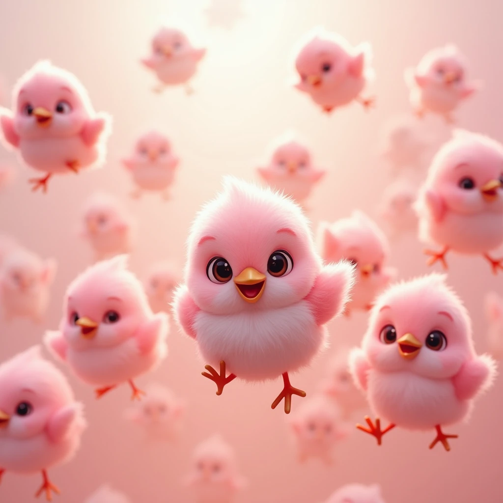 HD images, animation of pink baby birds, soft hair, cute faces