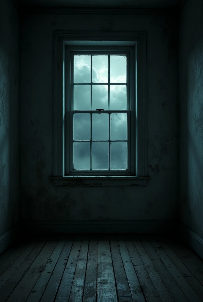 interior (inside the house) of a two-story house, specifically on the second floor with a window and a scary and gloomy atmosphere 