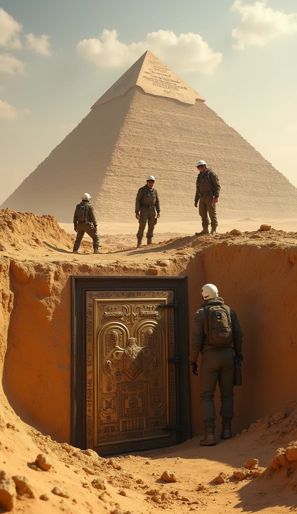 A team of archaeologists in the desert, wearing modern excavation gear, discovering a mysterious, metallic door embedded in the foundation of the Great Pyramid of Giza.