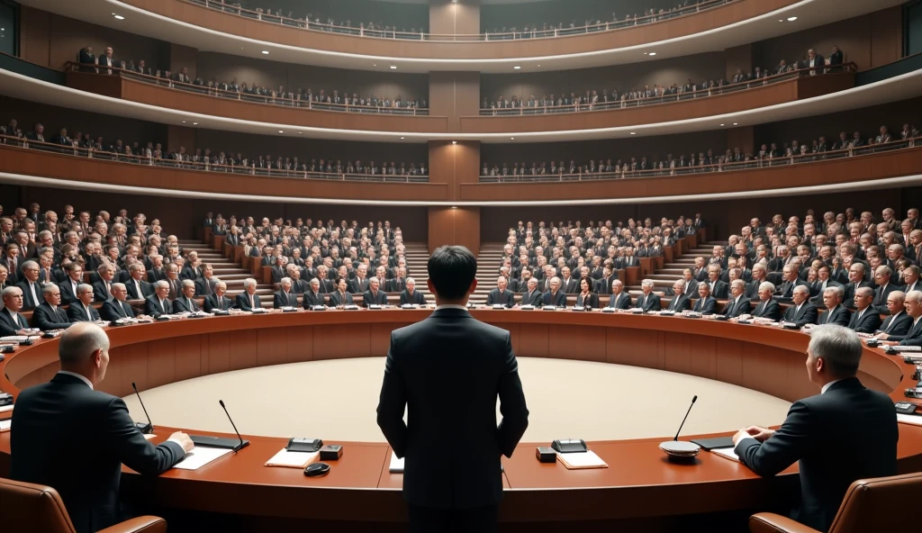 A young Asian man in a suit is speaking to politicians from various countries sitting in a huge circular lecture hall.,Politicians from all over the world are looking at men,No flags appear