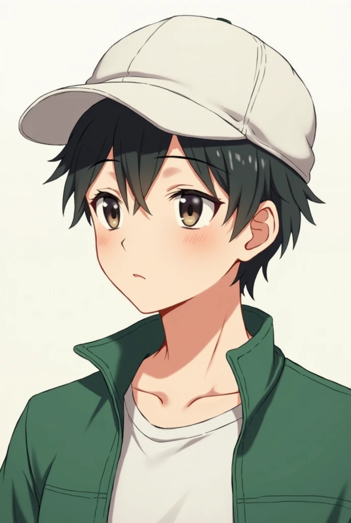 Anime Boy, wear cap white, wearing shirt white, jacket green, looking something