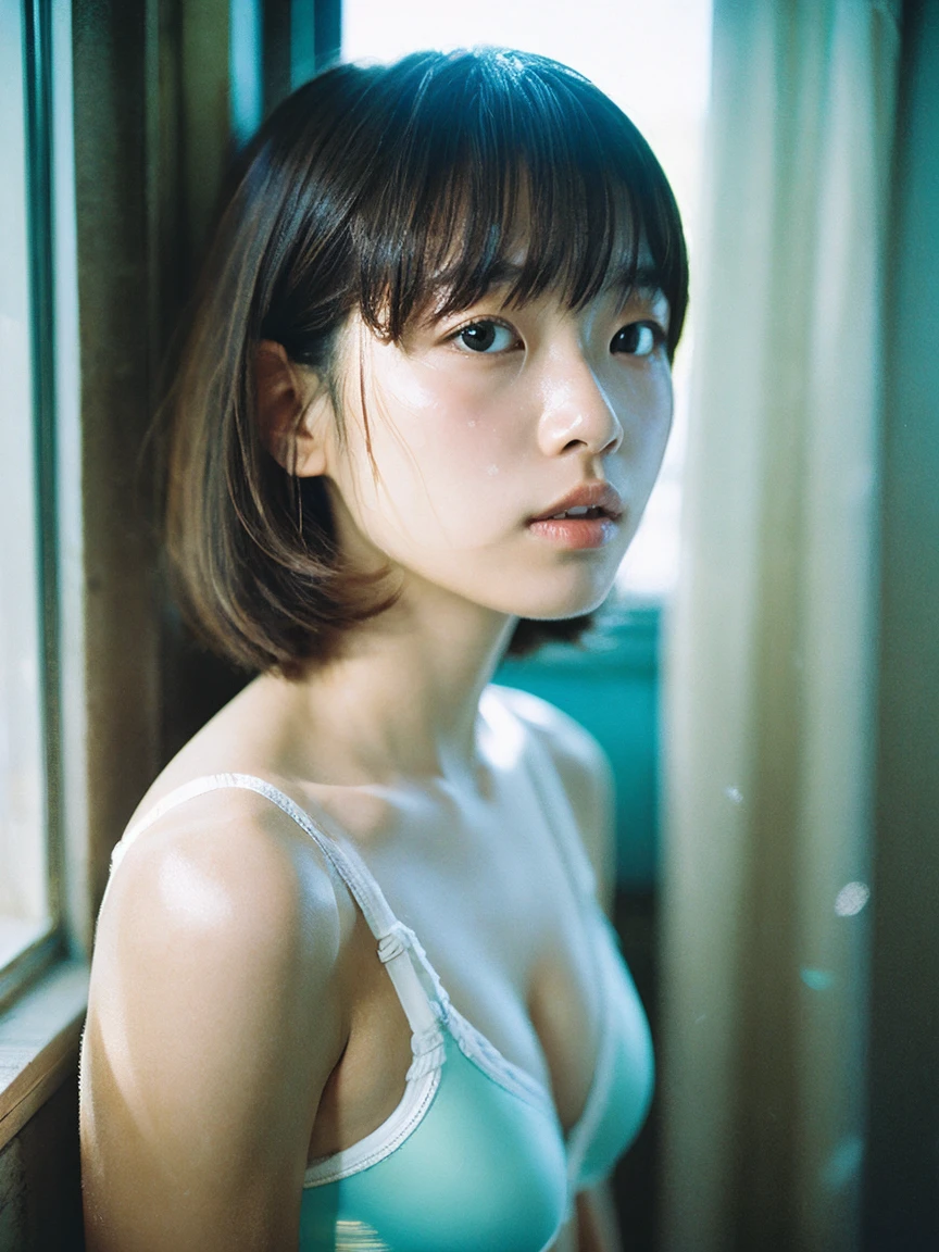 Japanese women, In underwear、Sweaty shiny skin、Young Face, Bob Cut Hair, morning, window, Incomplete details, Shooting with Leica, analog, 35mm:: (Artistic light leakage:1.4), Lens flare::4 - Style Row - AR 2:3 --s 150 --c 4