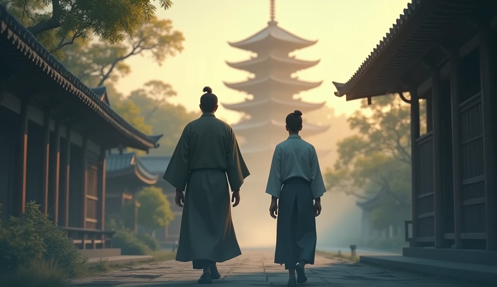 Master Koji and Hiro are seen walking side by side, with the temple in the background. The scene shows them from behind, walking into the distance, symbolizing Hiro’s ongoing journey.