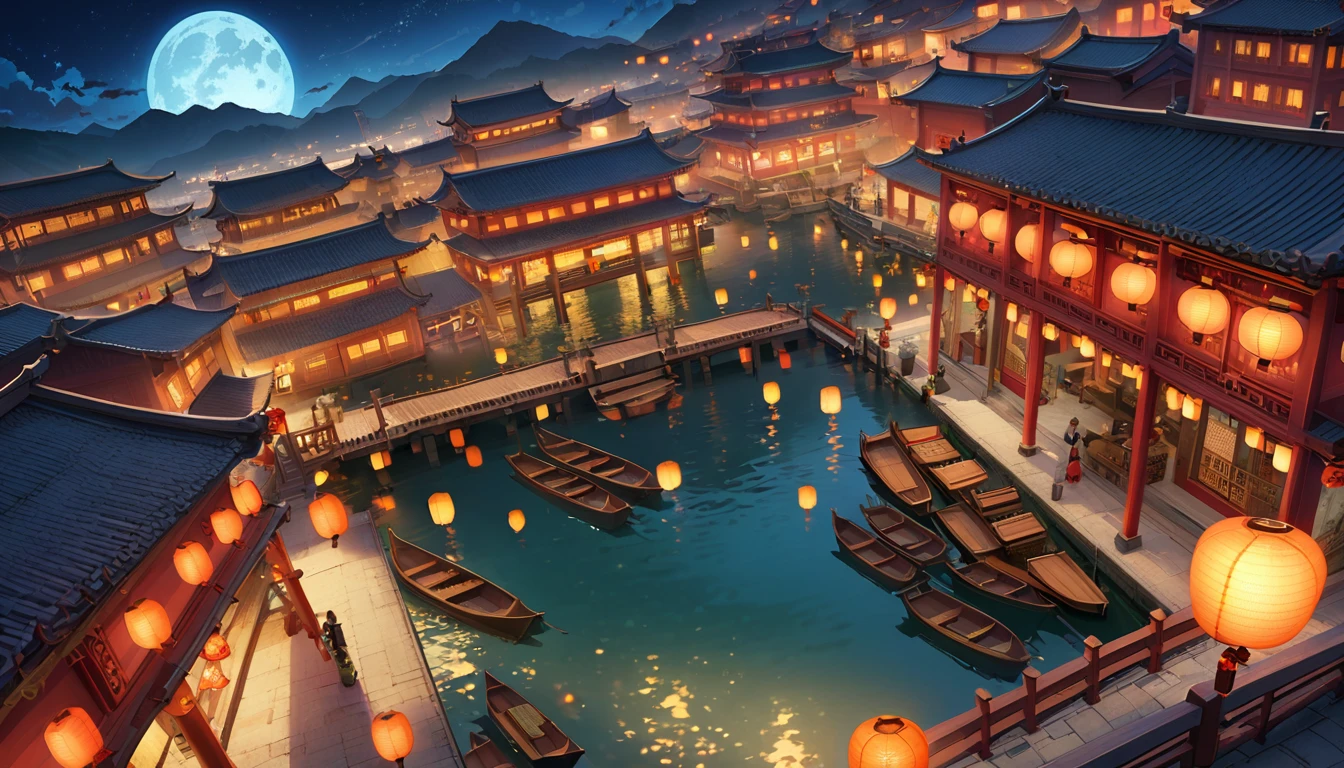 Official Art, ancient China, Ancient Street, (night), masterpiece, top-quality, depth of fields, high details, 8k, anime a night scene of china town, lots of shop outlets, chinese lanterns, detailed background, high angle view, beside a river, wooden boats, bridge, moon, mountains background, Global Illumination, Realistic lighting