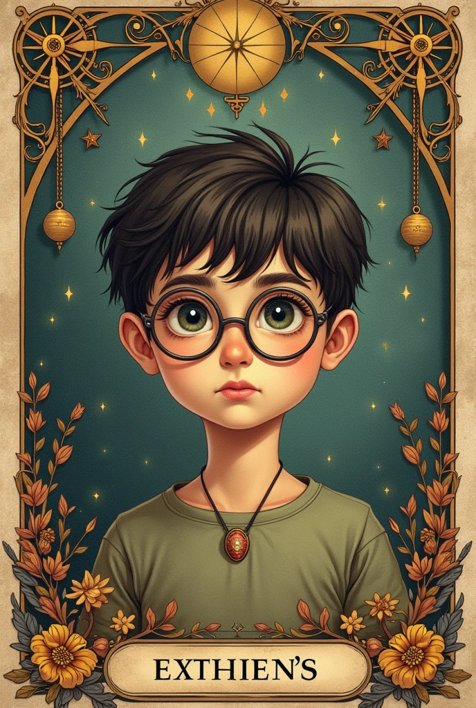 Tarot card style illustration of a boy with glasses