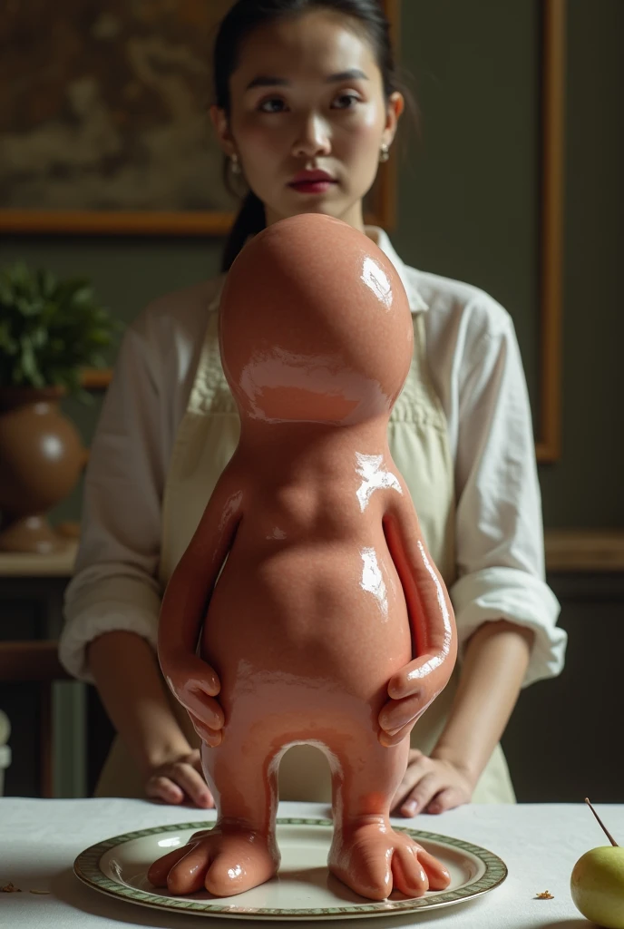 strange sausage with a round bald head, resembling a phallus, standing on the dining table behind a beautiful woman (Thai Canada), wearing a transparent apron, holding a strange cucumber