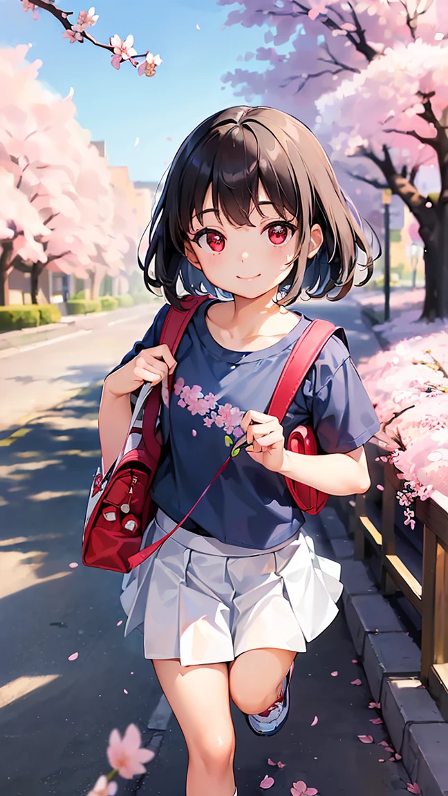 masterpiece, Highest quality, High resolution, Very detailed,(((small))), (((smile)))、(((running))), (((Carrying a school bag。))), (((Sidewalk))), (((cherry blossoms))), (((Light blue T-shirt))), (((White Skirt))), (((Red eyes))), (((sneakers))), 
