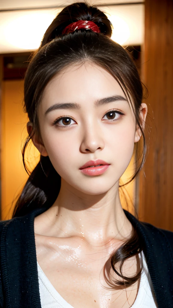 Japanese women、half、Brown hair long、Double、Large pupils、Beautiful skin、High resolution, ponytail,