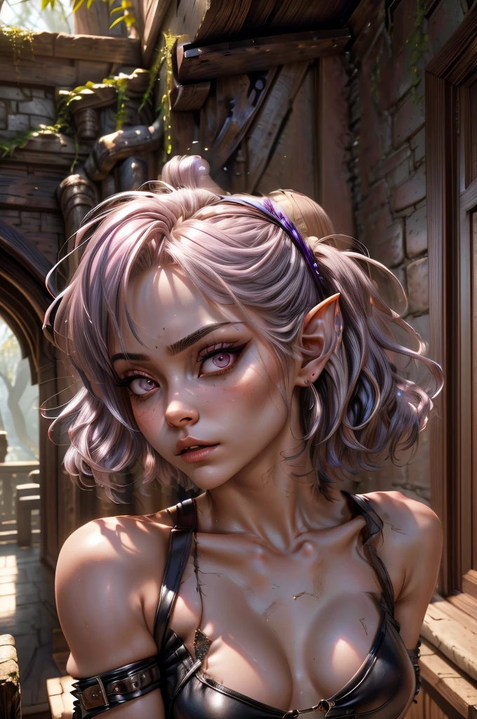 A close-up portrait of a beautiful female gnome character with sabrina, lavender hair, short hair and blunt bangs. She has a serious, determined expression with highly detailed and expressive eyes, delicate features, sensual lips, and flawless complexion. The character is wearing a fantasy black leather armor with long claws and long nails, appearing as a rogue or fighter. The scene is set in a fantasy environment, possibly inside stone chambers with beautifully adorned columns, creating an ethereal, dreamy and romantic atmosphere. The lighting is warm and glowing, with a soft focus and gentle breeze, giving the image a filmic, summer vibes aesthetic. The character's feminine posture and graceful movements are seamlessly integrated with the detailed background, resulting in a visually stunning and professional-quality artwork.