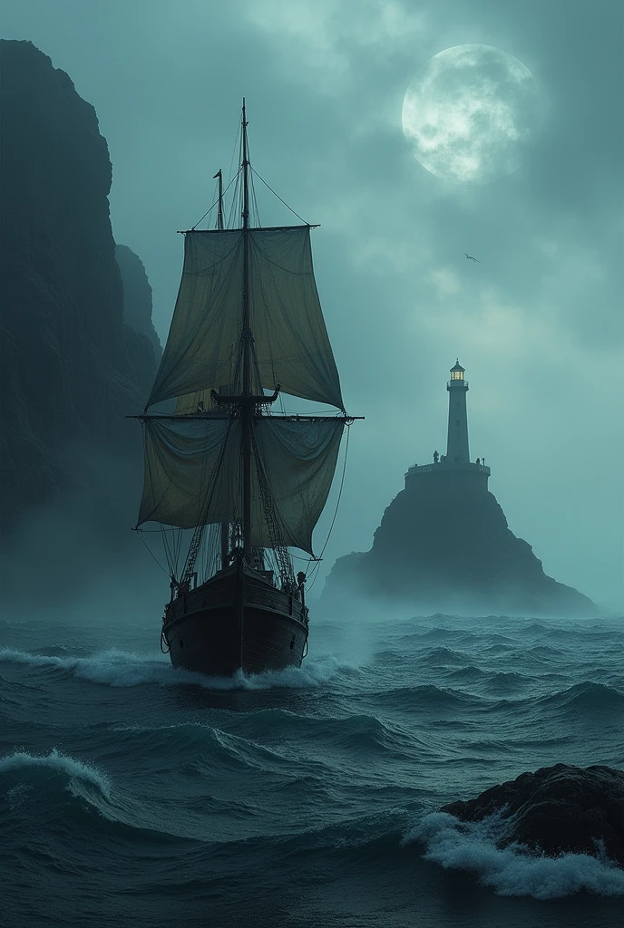 Ship near the Flannan Isles lighthouse