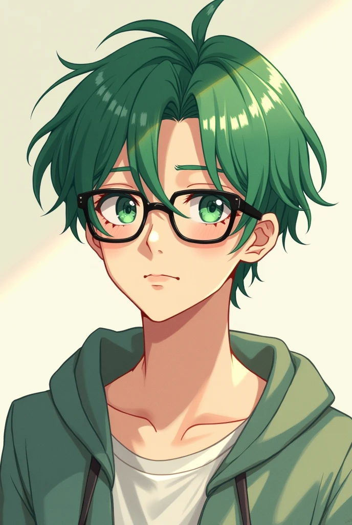 Cute young man with green hair and mashed hair, black-rimmed glasses, anime, casual clothes