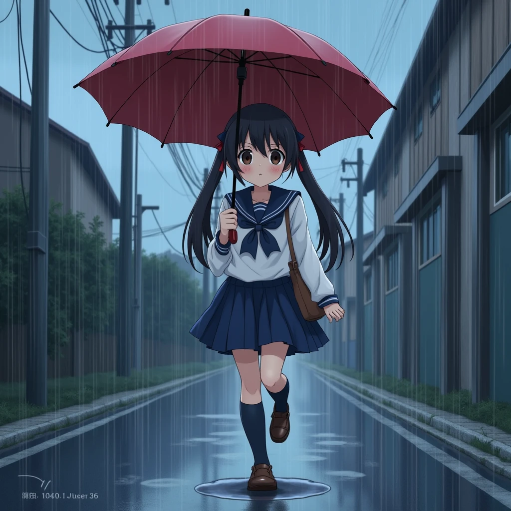 Anime Style, A girl walking downhill, Holding an umbrella, Surprised expression,
The girl is wearing a white sailor suit with short sleeves and a navy collar, with a blue ribbon., Wearing a navy blue skirt, 
Wearing black high socks, Wearing loafers.
Her hair is very long and black, with low twin tails and red ribbons..
Not high pigtails, Not half-up,
Open red umbrella, Dark brown school bag,
Late teens, Small breasts, Has dark brown eyes.
puddle, Sloping road, Sidewalk, pavement, Japan roads, Town, building, Apartment,　Electric pole, electric wire,
Very heavy rain, Outdoor, evening, from front.