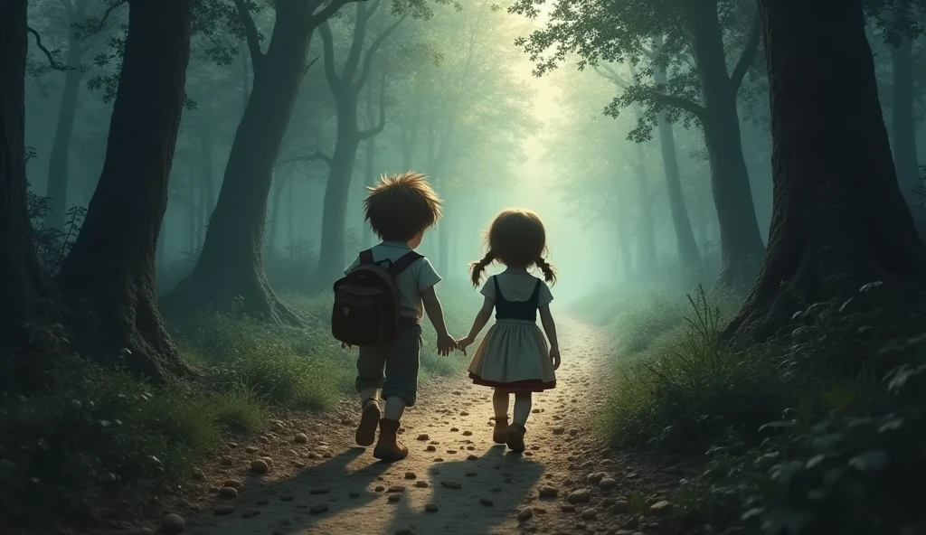 Hansel and Gretel. Early morning departure, crumb-scattered paths, deeper woods.