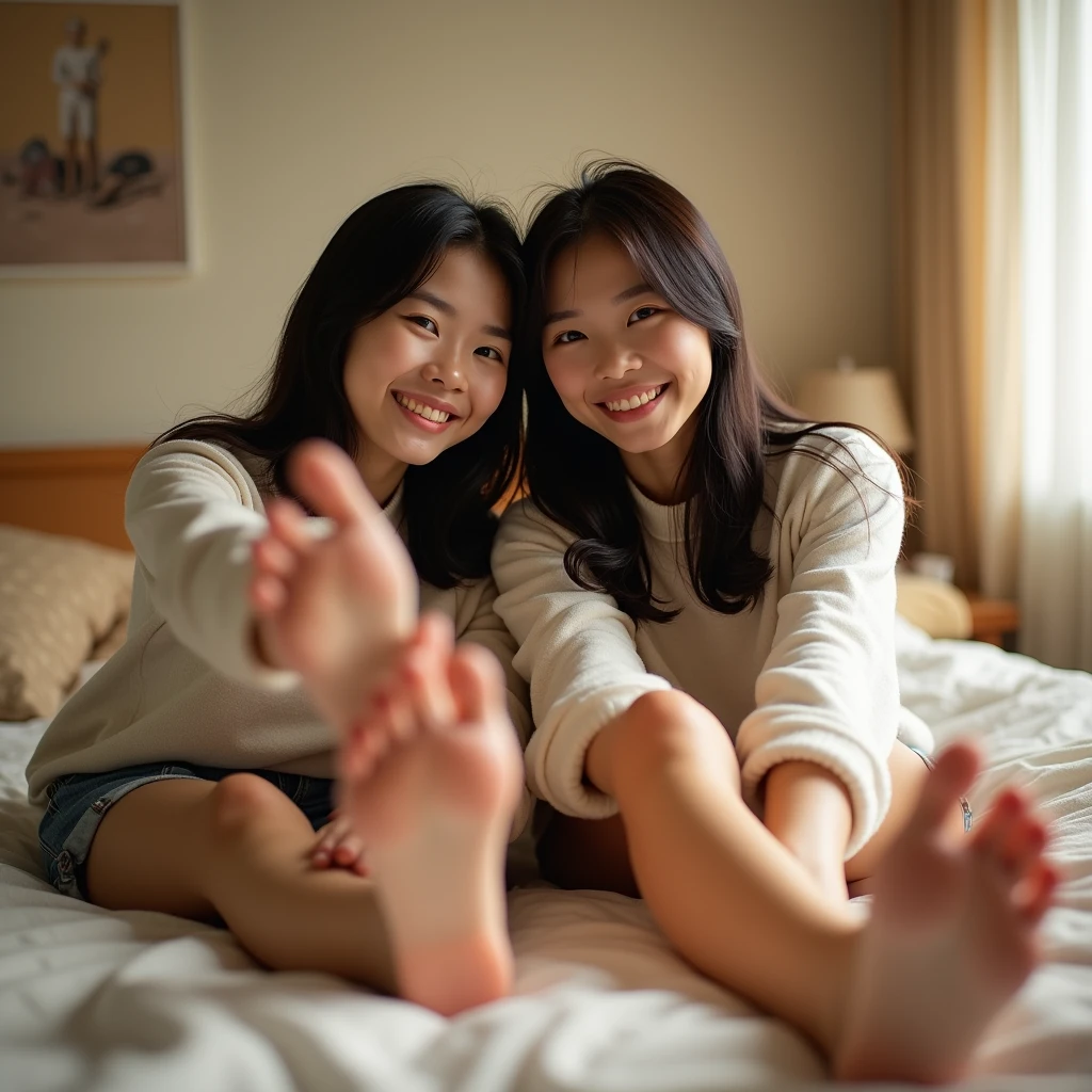 Identical twin sisters、Japanese、young woman&#39;foot、My Room、Stretch your legs、Selfie