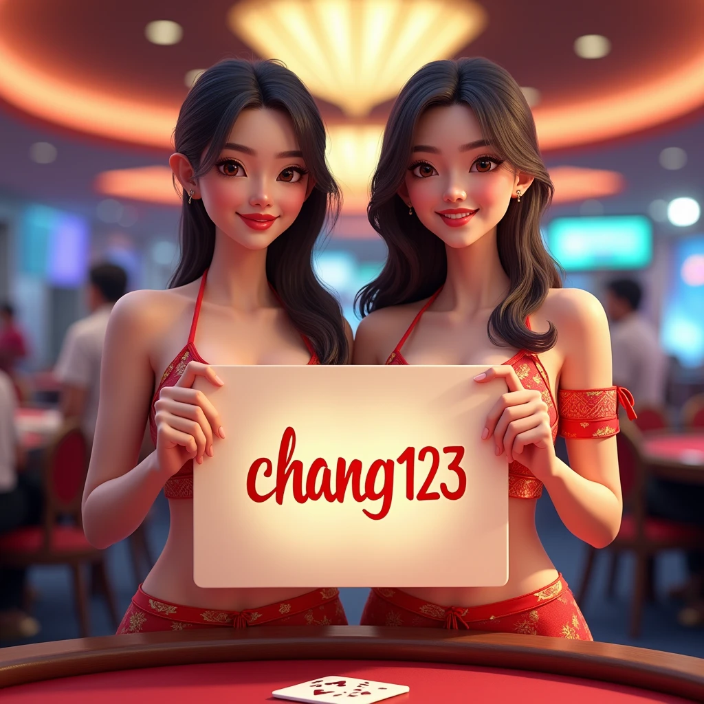 PG SLOT >> [chang123th.featuring] Direct web, upper body, two beautiful Thai women holding a sign "CHANG123 REGIST NOW" Cheerful, Happy, Casino Background, Thai Dress, Real Cartoon Pixar, Broken Chest, Standing Behind Poker Table, White Skin , simplemix, AbsoluteRealthailandwomen, ELEGANT WOMEN, guofeng, epic, real 3D women, sexy big body,