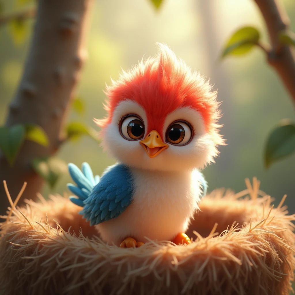 HD image, animation of a blue and red baby bird, soft hair, cute face