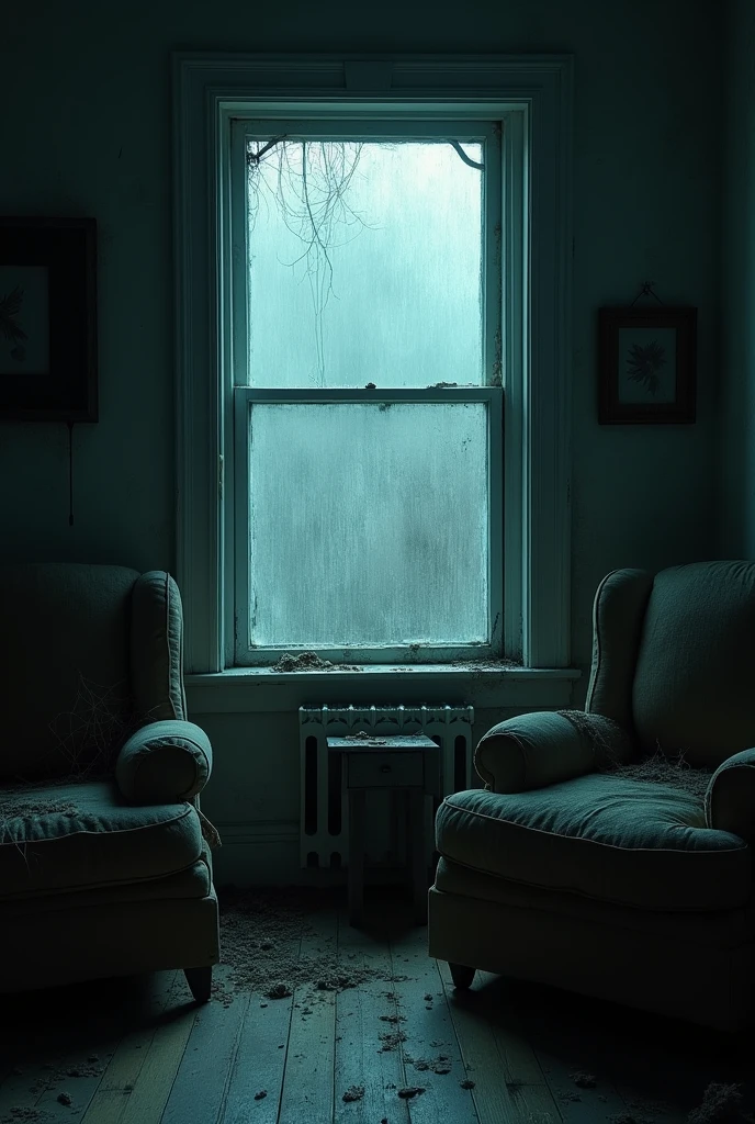 interior (inside the house) of a two-story house, specifically on the second floor with an open window and the breeze coming in, In addition to a scary and gloomy atmosphere 