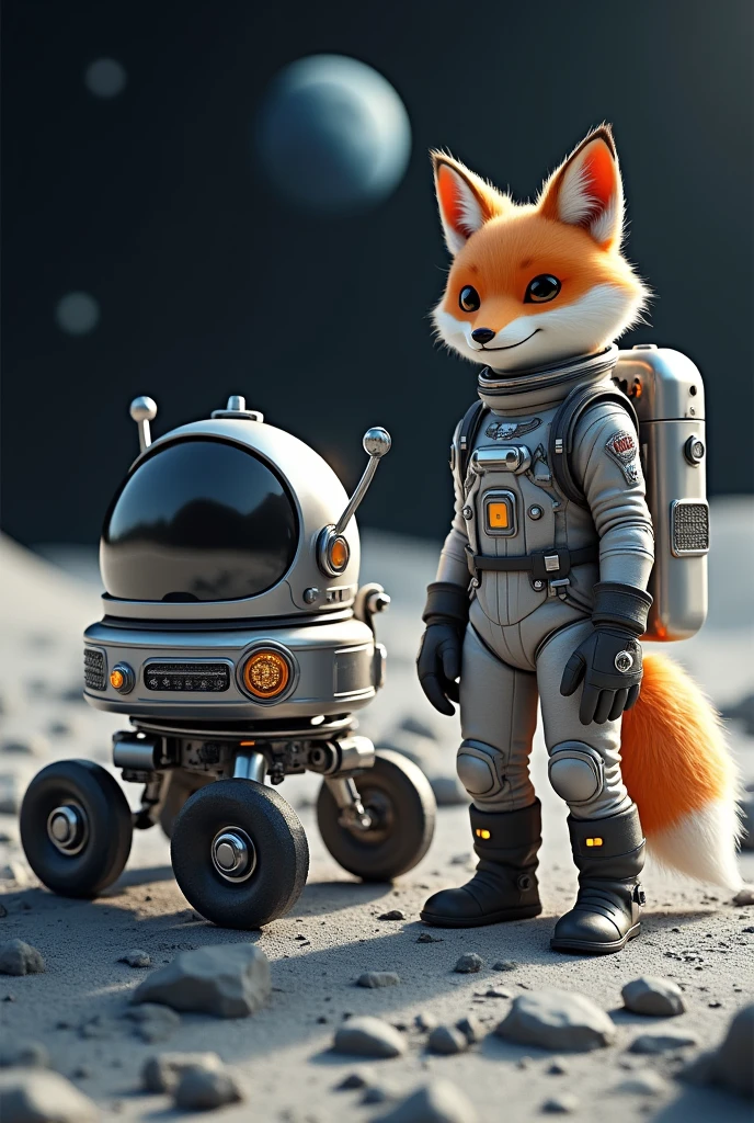 Fox with space suit and stand next to a space rover in moon 9:16 scale