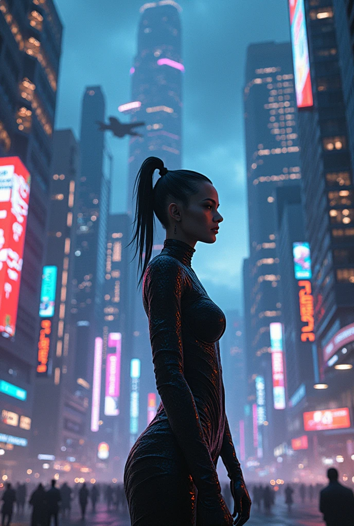 Skyline is in a cyberpunk with a pretty woman