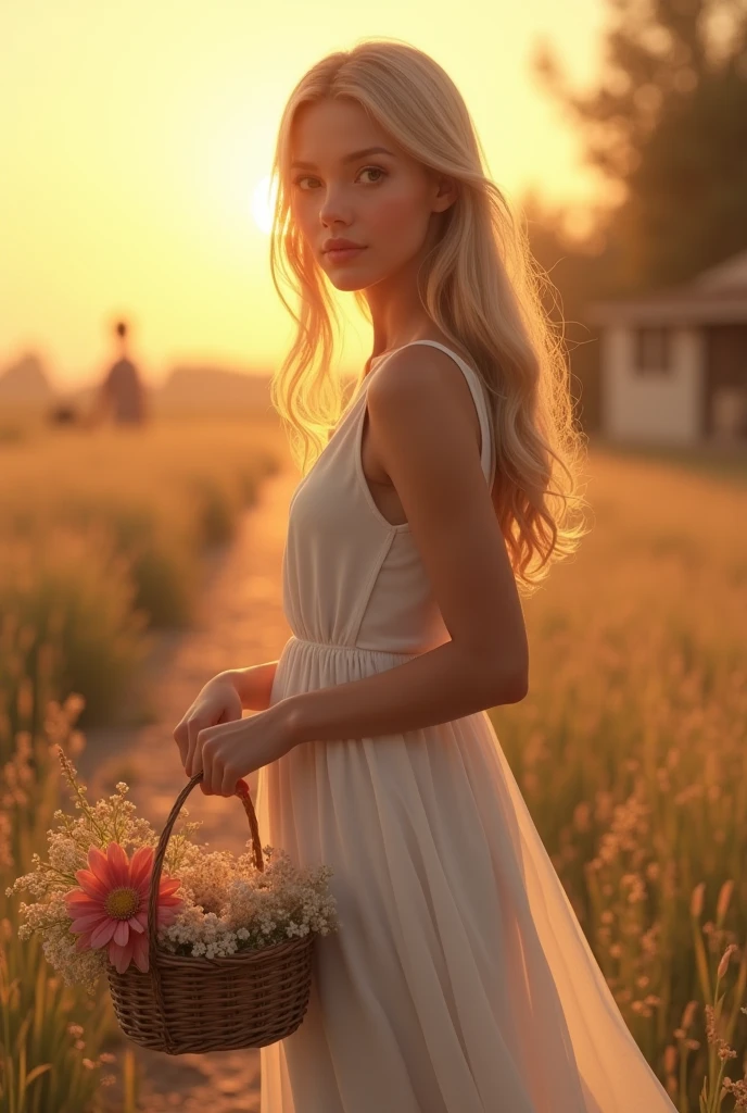 On a village road at sunset, a beautiful twenty-year-old girl with a fair complexion and long, straight blond hair stands amidst a field of gently swaying grasses. Her hazel eyes sparkle in the soft, golden light. She wears a white sleeveless dress that flows gracefully around her. In her hands, she holds a small basket adorned with delicate flowers. The scene is lively with people around her, but she seems to stand out with her serene, radiant presence as the evening sky bathes everything in a warm glow.