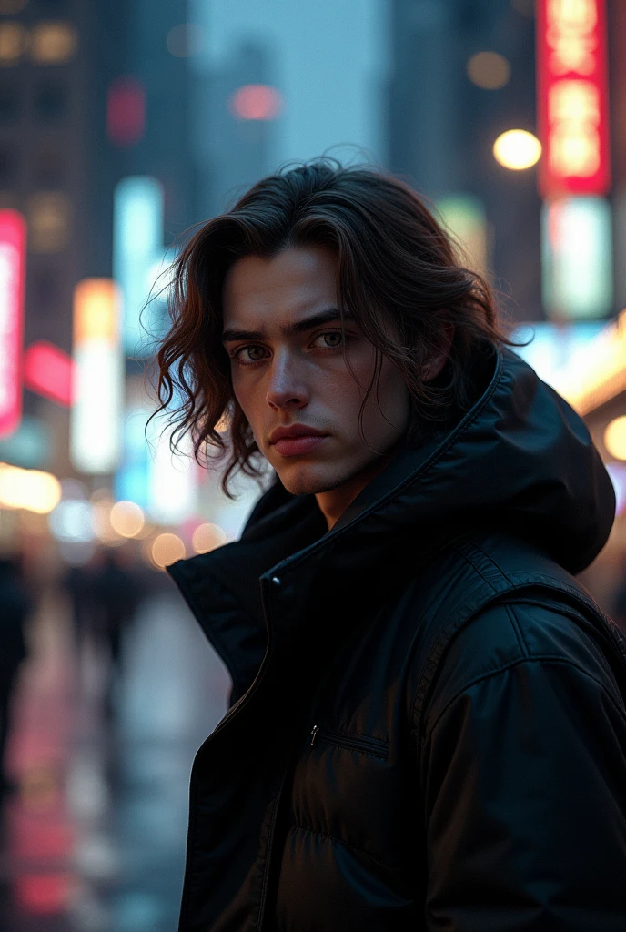 generates a teenager with long, wavy hair, brown eyes and a line on his eyebrow, wearing black cold weather clothes with a hood, with a well-lit city in the background