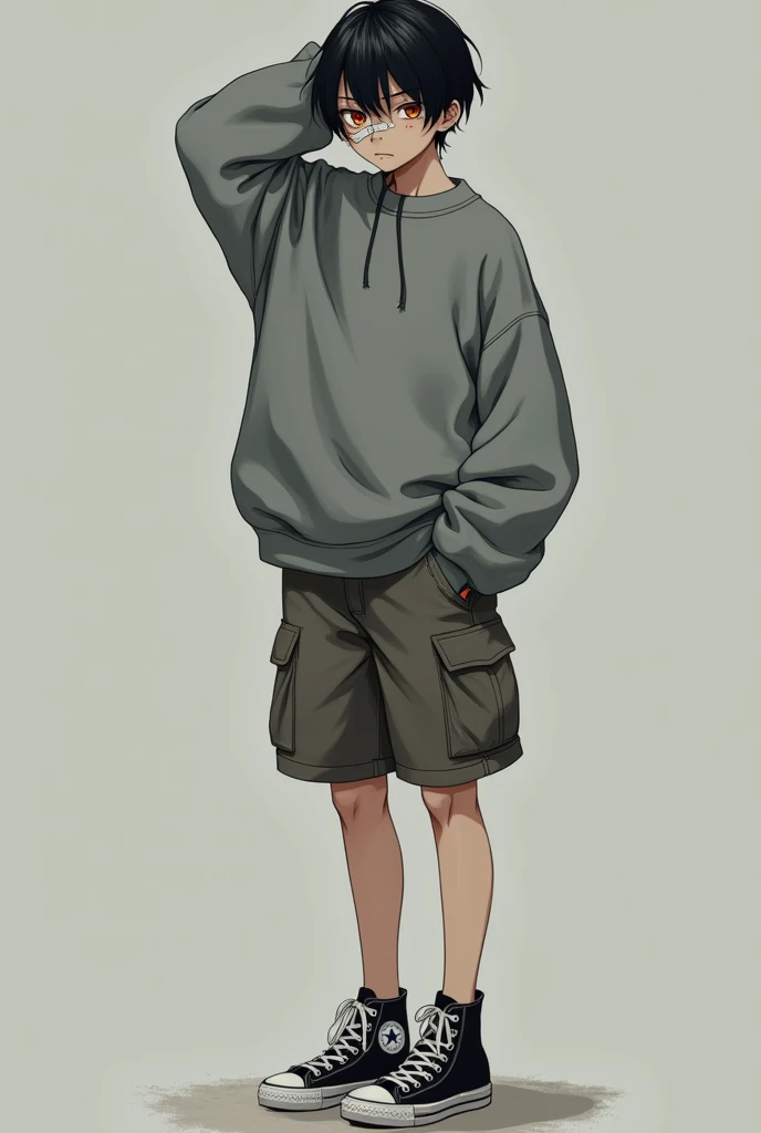 Japanese teenage boy wearing an oversized grey sweater. The sleevers hide his hands. He is wearing a cargo short and black converse. The boy have short black messy hair. He have bruises under his eye and a bandage tape on his nose. He have pale orange eyes. He is handsome and stand arms up in a model poses 
