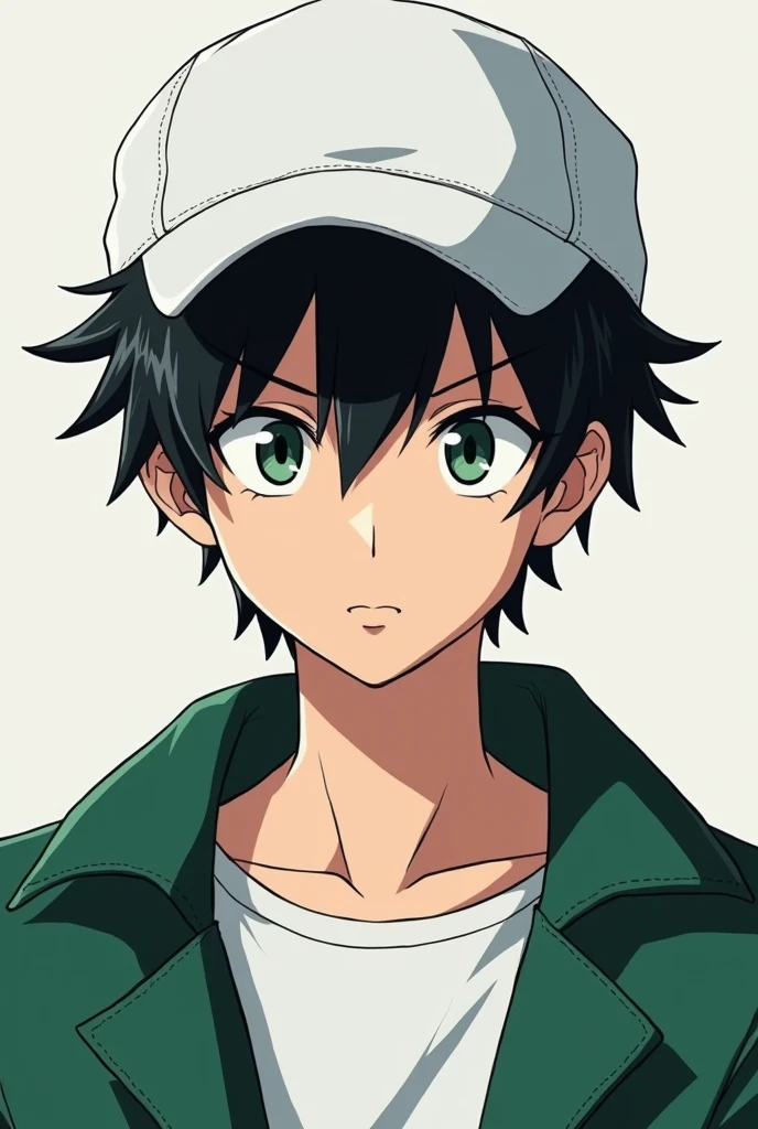 Anime Boy black white, wear cap white, wearing shirt white, jacket green, looking something