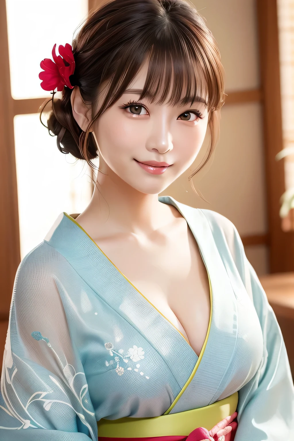 (highest quality:1.5)、(Real:1.5)、(1 person:1.5)、Medium Shot、(Very detailed)、(High resolution)、8k、Small breasts、Natural color lip、Cute smile、Japanese women、20 year old girl、Thin eyebrows、Beautiful and elegant face、Cute face、Cute eyes、Big eyes、Big Eyes、Fair skin、Beautiful and elegant face、Natural Bangs、Beautiful and thin nose、 Beautiful Skin、Medium Bob Hair、Natural Bangs、Perfect and beautiful facial features、Slim face and figure、(Looking at the camera with a cute expression)、(Bright lighting)、Professional Lighting、(Lighting from the front)、Adorable smile、cute、Beautiful cleavage、Simple Background、Japanese-style room、Beautiful clavicle、Graceful pose、Kimono with long-sleeved kimono、Cutekimono with long-sleeved kimono、(cutekimono)、(cutekimono)、Beautiful clavicle、Upper Body、Beautiful cleavage、Beautiful Japanese pattern kimono、Cute Japanese pattern obi、kimono、(Large Breasts:1.3), (Slim Body:1.3),