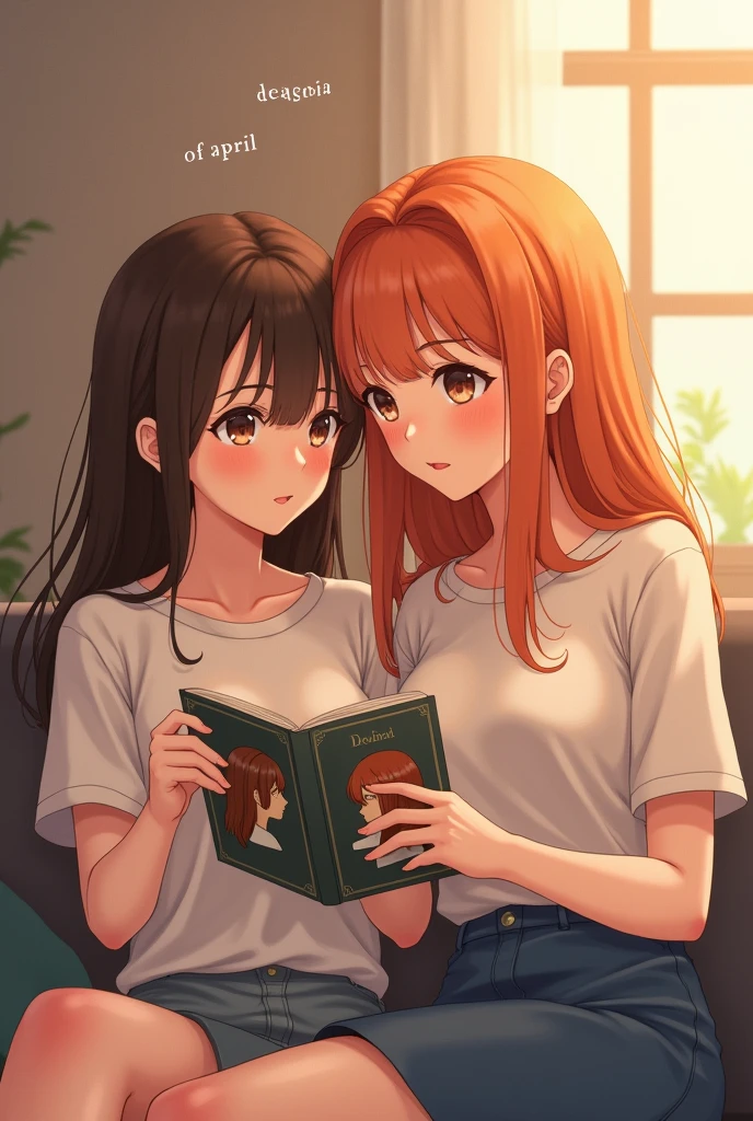 Two anime style softy friends looking at each other one of the girls has long brown hair and the other girl has long orange hair, They are reading a book that has the profile of a girl with orange hair on the portal and above the girls reading is the phrase &quot;The Days of April&quot; in Spanish