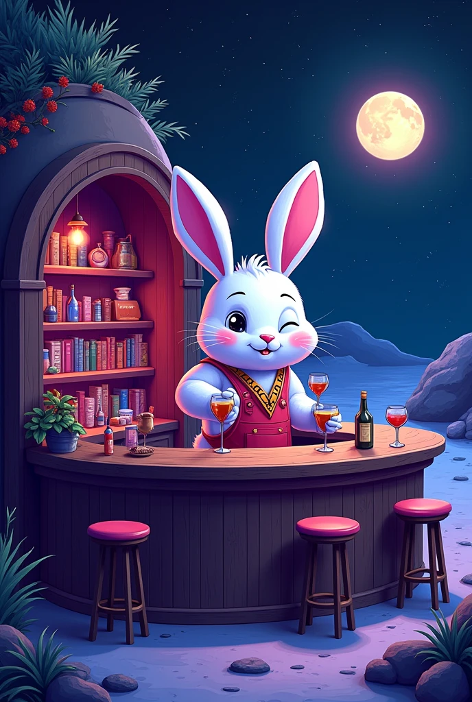 Book bar poster on the moon There is a bartender who is a rabbit. There is a purple and blue light that looks like a tavern.
ความ