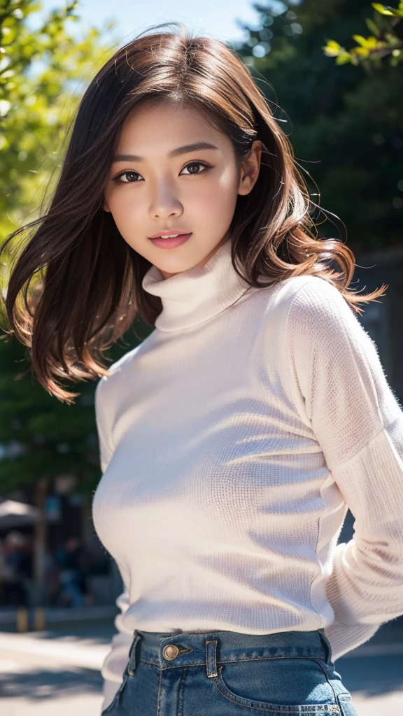 (8K,Raw photo、Raw photo、top-quality、Master masterpiece:1.2)、ultra-detailliert、Super Resolution、(Photorealsitic:1.3)、Angle to shoot from the front、Clearly draw shades of light、high resolution RAW color photos、professional photograpy、Same skin type as humans、Female proofreading of Japan from head to waist、Blur the background、Draws faithfully to anatomy、cafes、Very detailed and beautiful、Ultra-high image quality、long、Hair swaying and sexy、Very detailed beautiful girl、(Pink Eye Shadow)、smil、Plain clothe、The upper part of the body、Park on a sunny day、Loosely curly hair、turtle neck