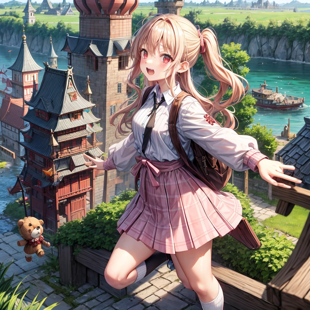 Pink Blonde、Red eyes、Wavy Hair、Hair tied up、Two cute、Checked mini skirt、black t-shirts、cardigan、Knee-high socks、Teeth are visible、Monster Castle、Tilting face、windmill、grass、Stones are growing out of the ground.、Holding hands with a teddy bear、In front of the city gates、Underground tunnels、Water is coming out of the castle、Wooden bridge、The stone is cracked、Ashura Statue