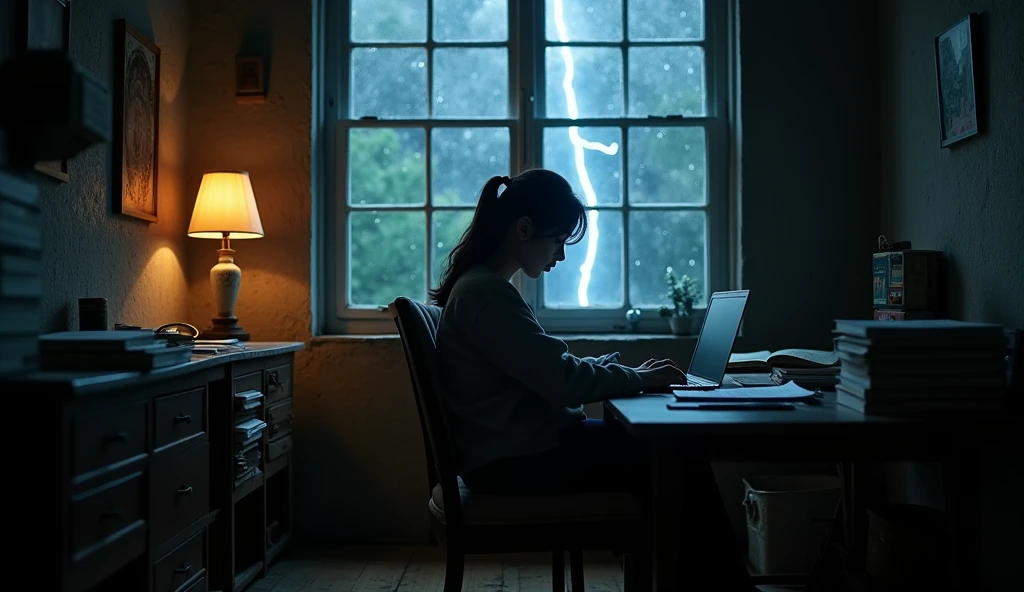 A side view photo of a young and beautiful Korean woman sitting in a comfortable chair close to her study table in an old, dark room. The woman is facing away from the camera and is studying. The room has a wooden floor and is filled with various items, including a table, a study lamp, a laptop, a mobile phone, and books kept on a table. A window in the room is illuminated by a lightning strike, revealing raindrops hitting the glass. The overall atmosphere of the photo is eerie and mysterious.