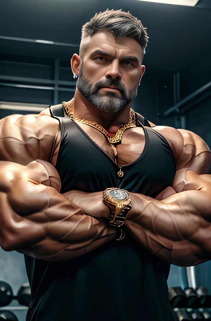gray hair,Wrist hair、chest hair、Gym Trainer、40-year-old,Masculine、Fade Cut、facial hair.、、Attractive eyes、darkness、hands in front、Black tank top、Gold Necklace、Intimidating、Overbearing、Gold Ring、Gold bracelet、Tattoo、confident、Arms crossed、Enchanting、Charisma、Gold Pendant、Gold Watches、forehead jewel,whistle around neck,hair scrunchie,uhd, textured skin, ripped chest