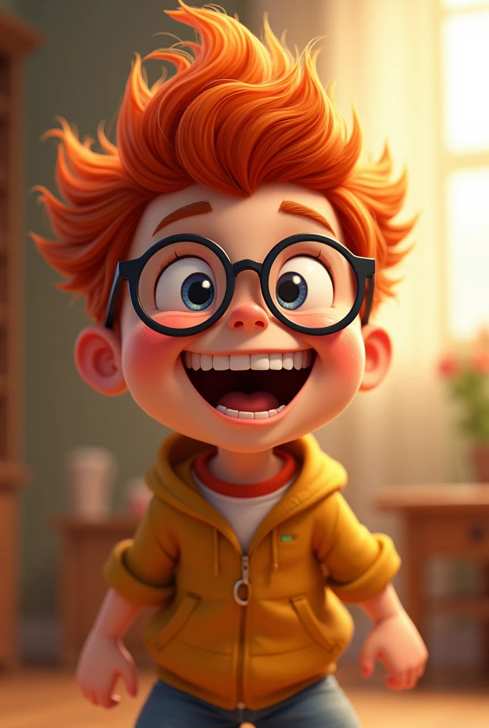 A boy with red hair, wearing black glasses, smiling and laughing.