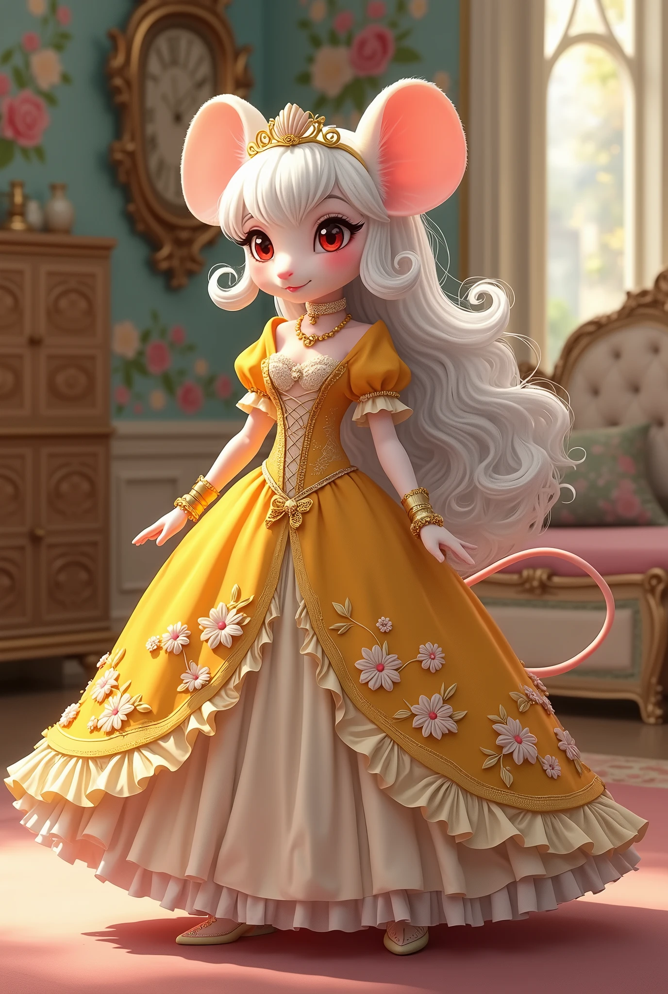 (best quality,4k,8k,highres,masterpiece:1.2), ultra-detailed, Pretty anthropomorphic mouse girl has a princess, drawn in 2D anime style, steampunk, wearing a yellow princess gown with puffy sleeves, steampunk, gorgeous frilly dress design,flowing gown,elaborate lace details,rich textures,contrast stitching,delicate ribbon bows, fish scales pattern accents, flowers embroidery, full skirt,short sleeves,fitted waistline,flared cuffs,lace-up back,luxurious fabrics,flawless silhouette, long curly white hair and red eyes, white fur, smiling, mouse ears and tail, ribboned high heels, white elbow evening gloves, gold bracelets, tiara made of seashells, beautifully detailed lips with lipstick, long eyelashes, eyeshadow, seashell necklace, in a castle bedroom with intricate decoration and luxurious furniture, flower wallpaper, she is happily checking her new princess dress.